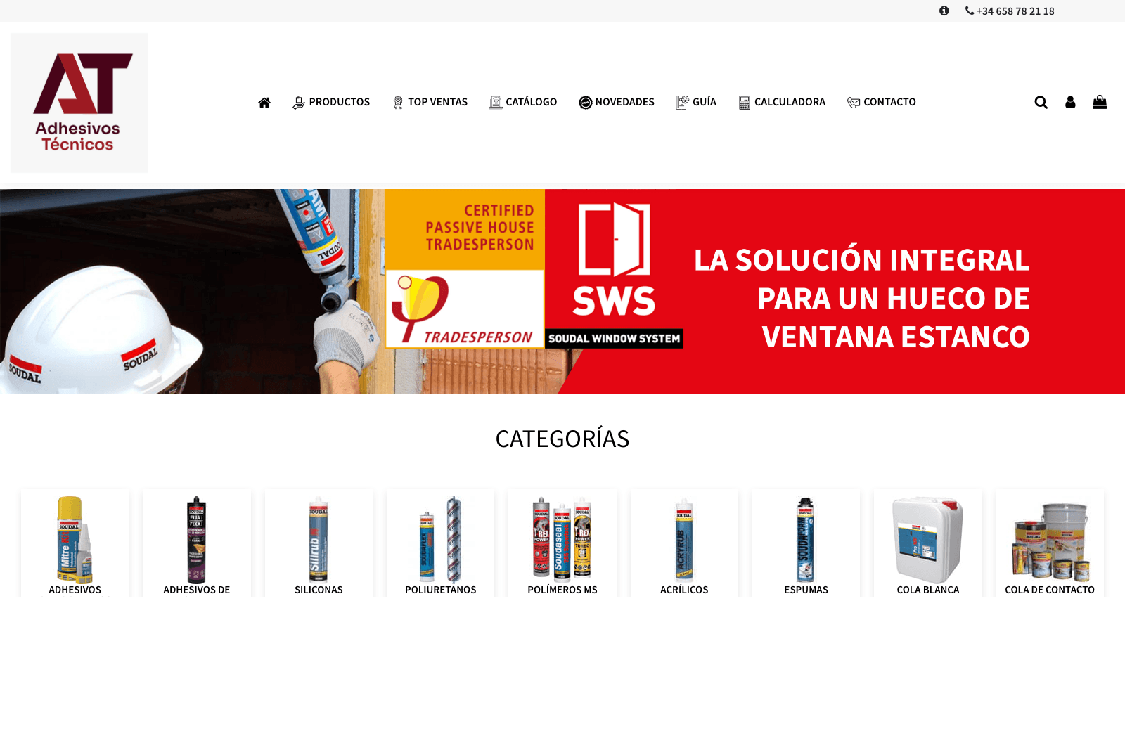 Tienda PrestaShop de Adhesivos Técnicos con catálogo de productos Soudal, siliconas y adhesivos